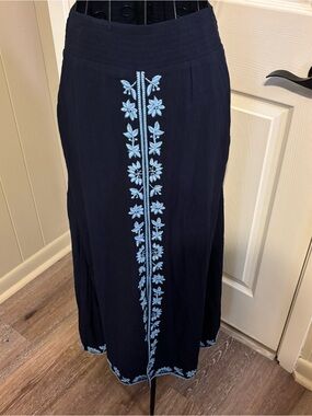 Soft Surroundings Navy Maxi Gauze Skirt with Light Blue Floral Embroidery
